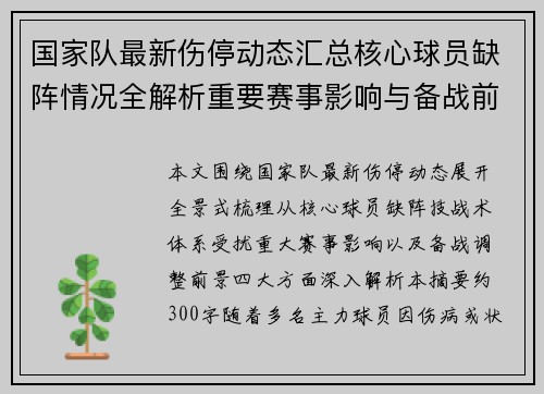 国家队最新伤停动态汇总核心球员缺阵情况全解析重要赛事影响与备战前景